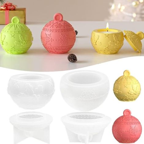 Ensemble de 4 moules en silicone pour Noël : moules 3D, moules de moulage, bougeoir, boule à neige avec couvercle, boîte à bijoux en plâtre. (1/5)