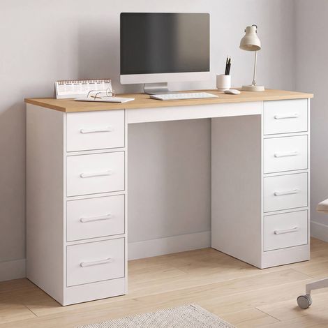 Escritorio con 8 cajones de tela, 120 x 45 cm, modelo UPPAH, en blanco y madera