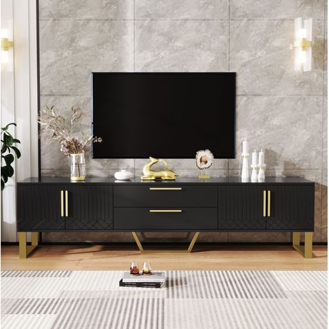 Mueble TV 170 x 40 x 35 cm en MDF negro, 4 puertas, 2 cajones, tiradores y patas dorados DESVIAE (1/5)