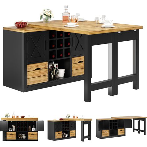 Îlot de cuisine extensible noir, table à manger multifonctionnelle avec buffet, plateau pivotant à 360°, MDF (1/5)