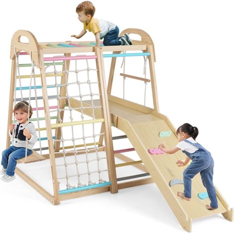 Área de juegos de madera para interior 8 en 1 198 x 105 x 124 cm Diseño multicolor divertido y educativo 200019156