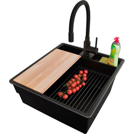 PRIMAGRAN Evier Cuisine en Granit 48x53cm,Lavabo 1 bac + Robinet 40x38cm + Kit de Vidage + Accessoires, Évier à Encastrer au meuble 50cm - New York, Tout Noir (1/5)