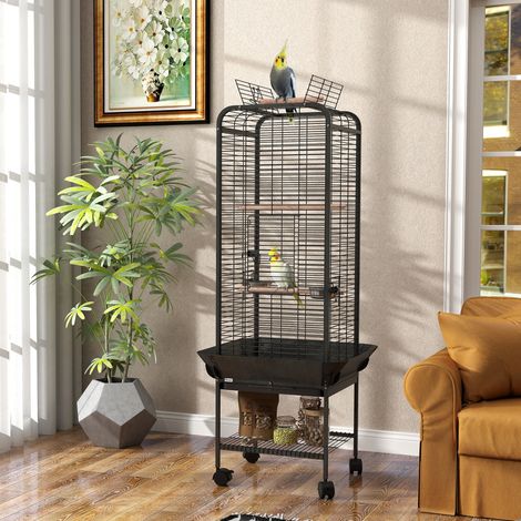 Gabbia per pappagalli con ruote, posatoi, mangiatoie, ripiano e vassoio rimovibile, 62,5x62,5x146 cm, grigio scuro.