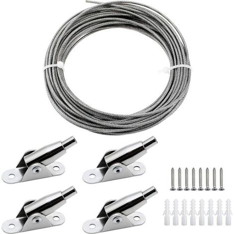 AGE 2mm x 10m Câble en Acier Inoxydable Enduite de PVC Fil Suspension Cadre avec Câble Métallique Codes Fixes des Vis pour Suspendre Photo Vêtements Lampe Rideaux Chargé Max de 30KG (1/5)