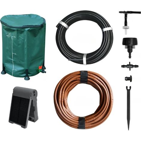 Jardibric – Kit d'arrosage goutte à goutte avec pompe solaire programmable – Débit 26 L/h – Réserve 50L – Aspiration max 2m – Tuyaux 15m