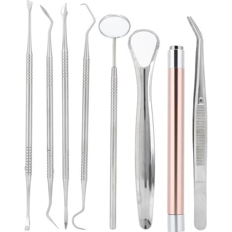 Kit de 8 pièces pour détartrage dentaire - Grattoir à tartre, sonde dentaire, miroir buccal et lampe torche