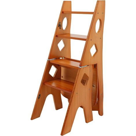Marchepied pliant à 4 niveaux, en bois, transformable, échelle et chaise pour escalier, multifonction, capacité de 100 kg, utilisé pour l'intérieur et l'extérieur (caramel)