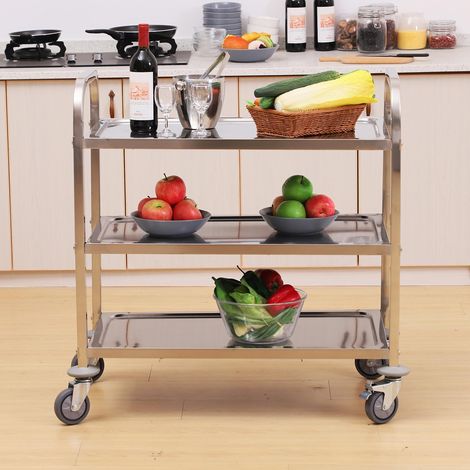 Chariot utilitaire à roulettes en acier inoxydable 90,5 x 50,5 x 88,2 cm, avec plateaux et 2 bras, couleur argent