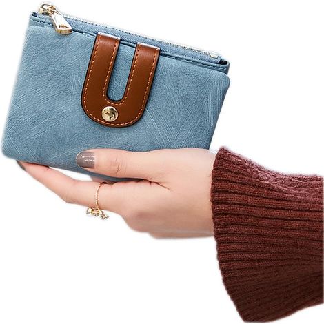 Mini porte-monnaie zippé en cuir à deux volets pour femme (bleu)