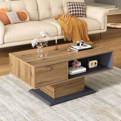 Table basse 100 x 50 x 40 cm mdf, rangement double face, tiroir et compartiment, style pratique (1/5)