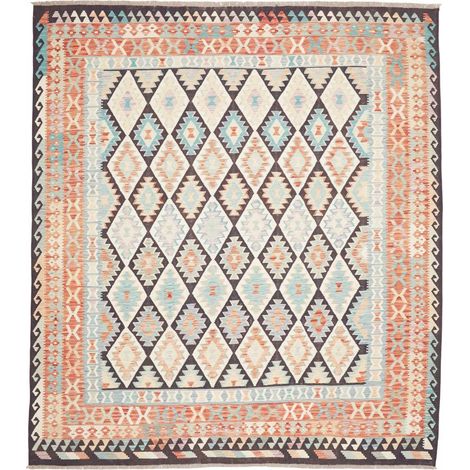 Tapis kilim, 262 x 290 cm, motif ethnique, multicolore, crème et rouge, laine naturelle, tissé à plat (1/5)