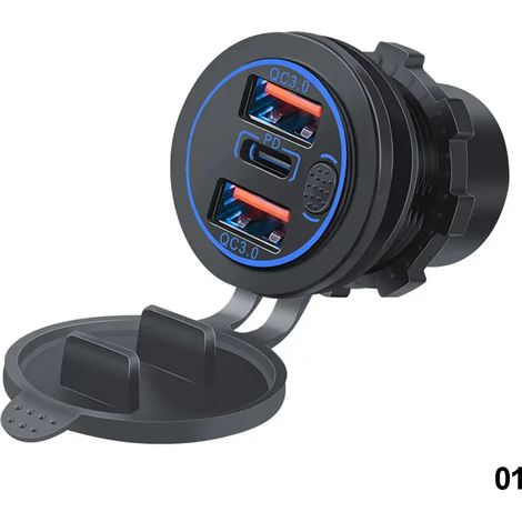 Chargeur de voiture 68 W à triple sortie (USB QC 3.0 et PD Type-C) 12-24 V avec interrupteur tactile, étanche, pour voiture, bateau, camping-car 05845
