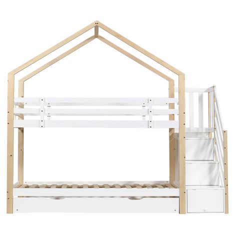 Lit enfant superposé cabane avec escalier tiroirs 90x200+90x190