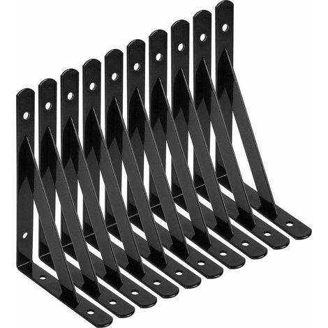 Equerre Murale, 10 Pcs Supports Triangulaires de 90 Degrés en Acier, Équerres Étagères 150mm x 95mm, Support d'angle Brace avec 50 pcs Vis et 20 pcs Ancres (Noir) (1/5)