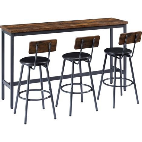 Conjunto de mesa alta de 160 cm con 3 taburetes tapizados en PU color marrón rústico y negro (1/5)