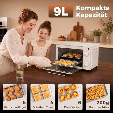 Mini four 9 L, four de table avec plaque de cuisson et grille de grill, température et minuterie réglables, acier inoxydable, blanc crème (1/5)