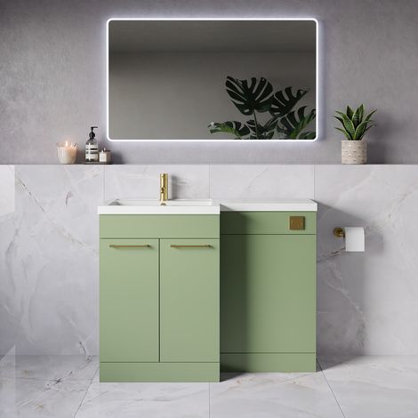 Napoli 390 Olive Green 1100mm 2 Door Vanity Unit Toilet Suite with Square Left Hand Lucia Basin - 1100mm - Brushed Brass 160mm HandleWithout Kingston Toilet Pan