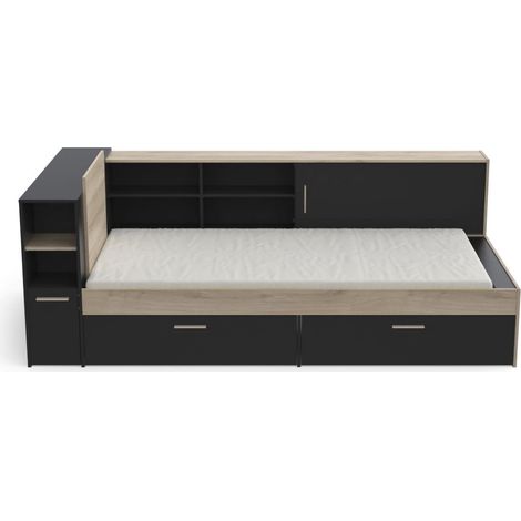 Lit 90x190/200 Industriel avec Rangement 2 Porte 6 Niches 2 tiroirs Noir Mat (1/5)