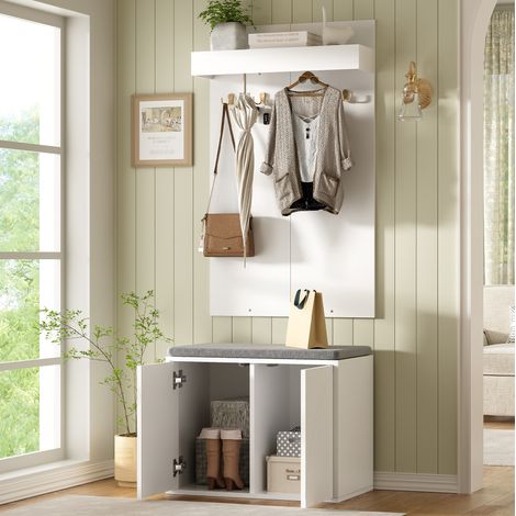 Perchero recibidor 3 en 1 (60x35x(45+100) cm), con 4 ganchos, zapatero de 2 puertas y banco, tablero de partículas blanco (1/5)