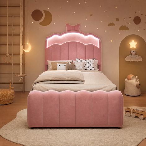 Lit enfant 90x200 cm en tissu velours rose avec LED et rangement hydraulique, sans matelas – MEUBLIV (1/5)