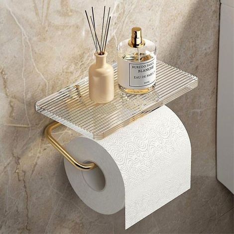 Porte-papier toilette doré de luxe avec étagère, sans perforation, en acrylique, avec support pour rouleau de papier toilette et accessoires de salle de bain (1/5)