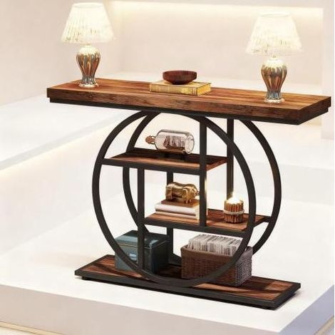 REDOM - Table à manger 105x30x80 cm - 4 niveaux décalés - pieds réglables - métal et bois - noir et marron rustique (1/5)