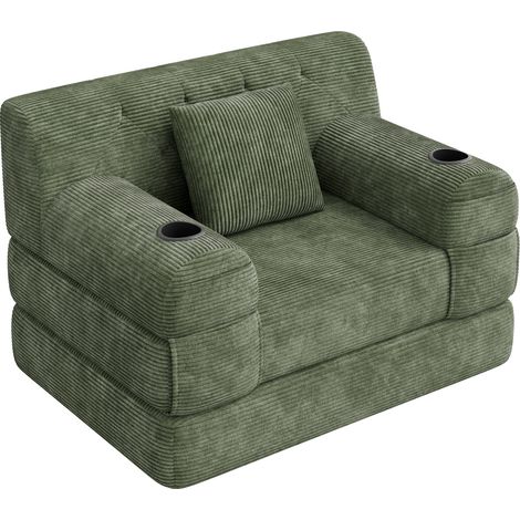 Sofá cama individual verde de terciopelo acanalado, respaldo alto y estructura metálica (1/5)
