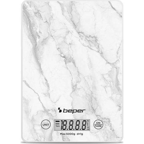 Balance de cuisine numérique, plateau en verre trempé, fonction tare, écran LCD tactile, précision 1 g-5 kg, suspendable, pile incluse, marbre blanc (1/5)