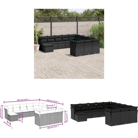 Salon de jardin 12 pcs avec coussins noir résine tressée - Ensemble Salon De Jardin - Mobilier Extérieur - Canapé Jardin - Résine Tressée - Rotin Synthétique - Home & Living (1/3)