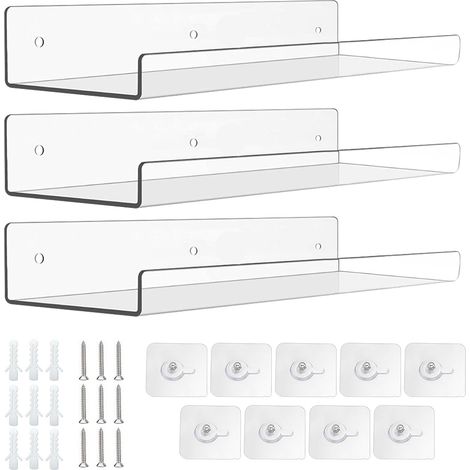 Lot de 3 étagères murales en acrylique, 38 cm, idéales pour la chambre, la salle de bain, le salon, la cuisine et la décoration de la pièce (transparentes) (1/5)