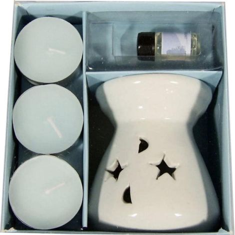 Set aromaterapico blu: bruciatore, bruciatore di oli essenziali e 4 candele tealight