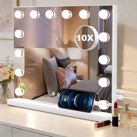 Miroir de Coiffeuse avec éclairage, 14 lumières LED avec 3 températures de Couleur, Miroir cosmétique à intensité Variable avec Ports de Charge, contrôle Tactile, 50 x 40 cm (Blanc) (1/5)