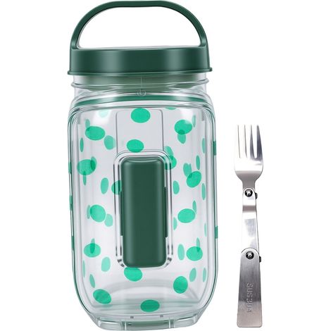 Saladier en bocal à ouverture latérale de 1000 ml, étanche, réutilisable, en plastique, avec gobelet doseur et fourchette, idéal pour les repas en voyage. Couleur : vert. (1/5)