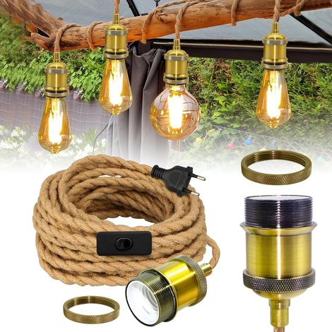 1 Suspension Luminaire Câble Chanvre 5,1M Douille E27 Laiton Interrupteur Prise Salon Salle à Manger