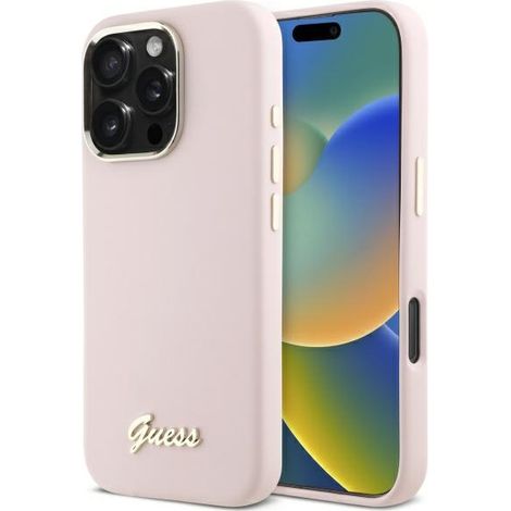 Funda rígida Guess GUHCP16XSMBSLP para iPhone 16 Pro Max de 6,9" en color rosa/rosa, con logotipo y marco de metal y tipografía de silicona.