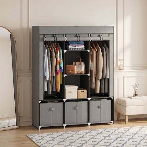 Armoire de rangement en tissu pliable avec 5 étagères, 2 tringles et 3 tiroirs en tissu 125L x 43l x 162.5H cm (1/5)