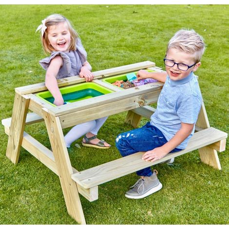 Rebo Wooden Sandpit With Lid Sand & Water Picnic Table Play Bench – Double (1/5)