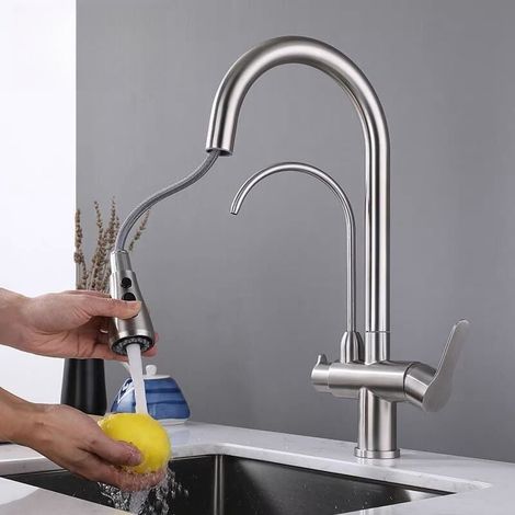 3-Way Kitchen Faucet, Pull Out, Double Handle, 360° Swivel Kitchen Mixer Tap, Available with Hot and Cold Water, Silver YMYNY (1/4)