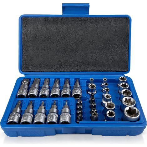 34 Pièces Coffret Douilles Torx Femelle 3/8" Profil E4-E20, Embout Torx étoilé Profil T10-T60, Adaptateur 3/8' à 5/16' CR-V Douille Etoile, Avec un étui Solide et Facile à Ranger (1/5)