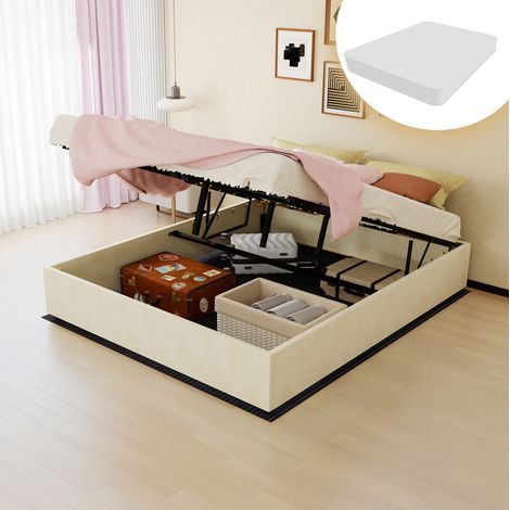 Lit moderne minimaliste en tissu et métal beige 160x200 cm, sans tête de lit, matelas inclus (1/5)