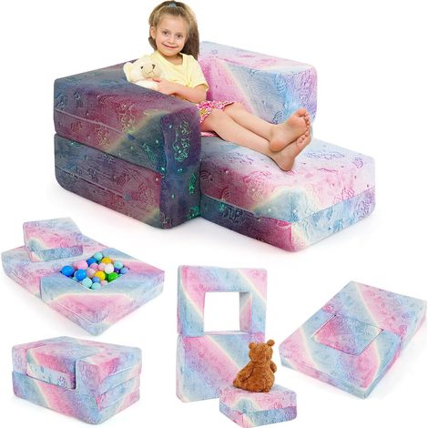 COSTWAY Canapé Enfant Lumineux (Brillant dans Le Noir) avec Motif Licorne, Fauteuil Enfant Convertible en Tissu Flanelle avec Housse Lavable, Canapé Modulaire Phosphorescent pour 3 Ans+ (Rose) (1/5)