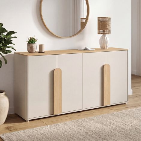 TIRANA Aparador de 4 puertas de 160 cm con grandes tiradores de color beige y madera clara (1/5)