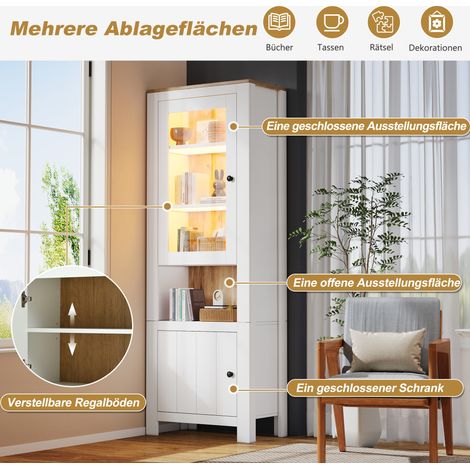 Meuble de rangement haut 70x40x188 cm, vitrine sur pied avec 2 portes, 6 étagères réglables, panneau arrière aspect bois naturel, éclairage LED, blanc et bois clair.