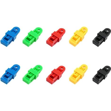 SHINING HOUSE Jeu de 10 Pince pour bache,Clips/Attache /tendeur Elastique de bache,poignée de Verrouillage Robuste et réglable pour bâche et Toile d'ombrage(10pc)noir, jaune, vert, bleu, rouge