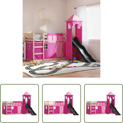 vidaXL Holzbett - Etagenbett mit Rutsche und Gardinen Rosa 80x200 cm (1/5)