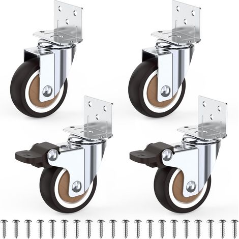 Ruedas para muebles de 50 mm, placa de montaje en forma de L engrosada, 2 ruedas de goma con frenos, ruedas pequeñas giratorias de 360°, máximo 115 kg, adecuadas para cunas, soportes para plantas, jue (1/5)