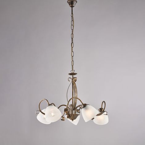 Lustre Forgiato Fer Marron, Déco Or Antique, Verre Albâtre D.13, 5 Lumières D.64 Cm, Design Classique Intemporel