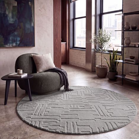 Paco Home Teppich Wohnzimmer Hochflor Skandi Boho Geometrisch Abstrakt Uni Waschbar Grau 160 cm Rund (1/5)
