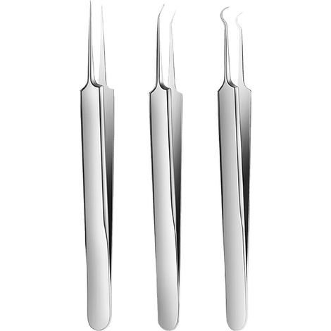 Set aus 3 Mitesser- und Pickelentfernungspinzetten, gebogen und gerade, aus Edelstahl.