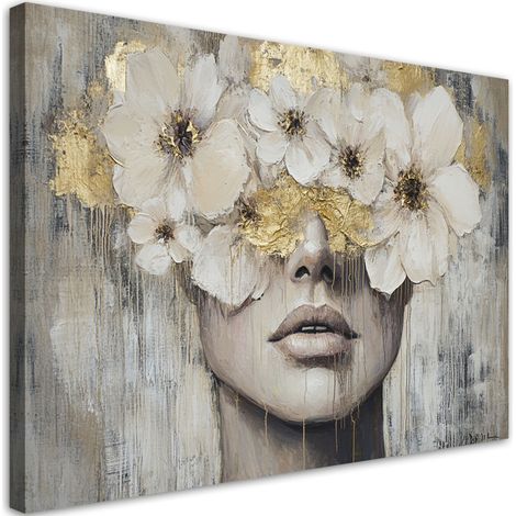 Quadro su tela, Donna Fiori Beige dorato - 60x40 (1/3)